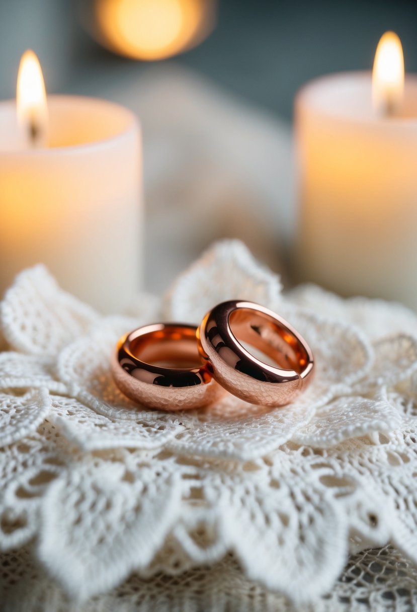 A pair of rose gold huggie earrings resting on a delicate lace fabric, surrounded by soft candlelight