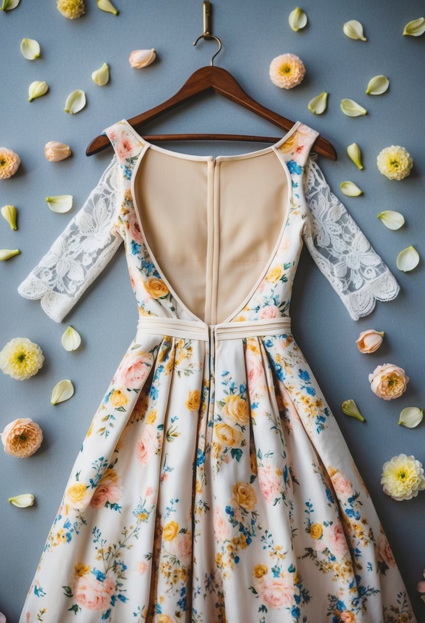 A floral-sleeved A-line dress with an open back hangs on a vintage wooden hanger, surrounded by delicate lace and flower petals