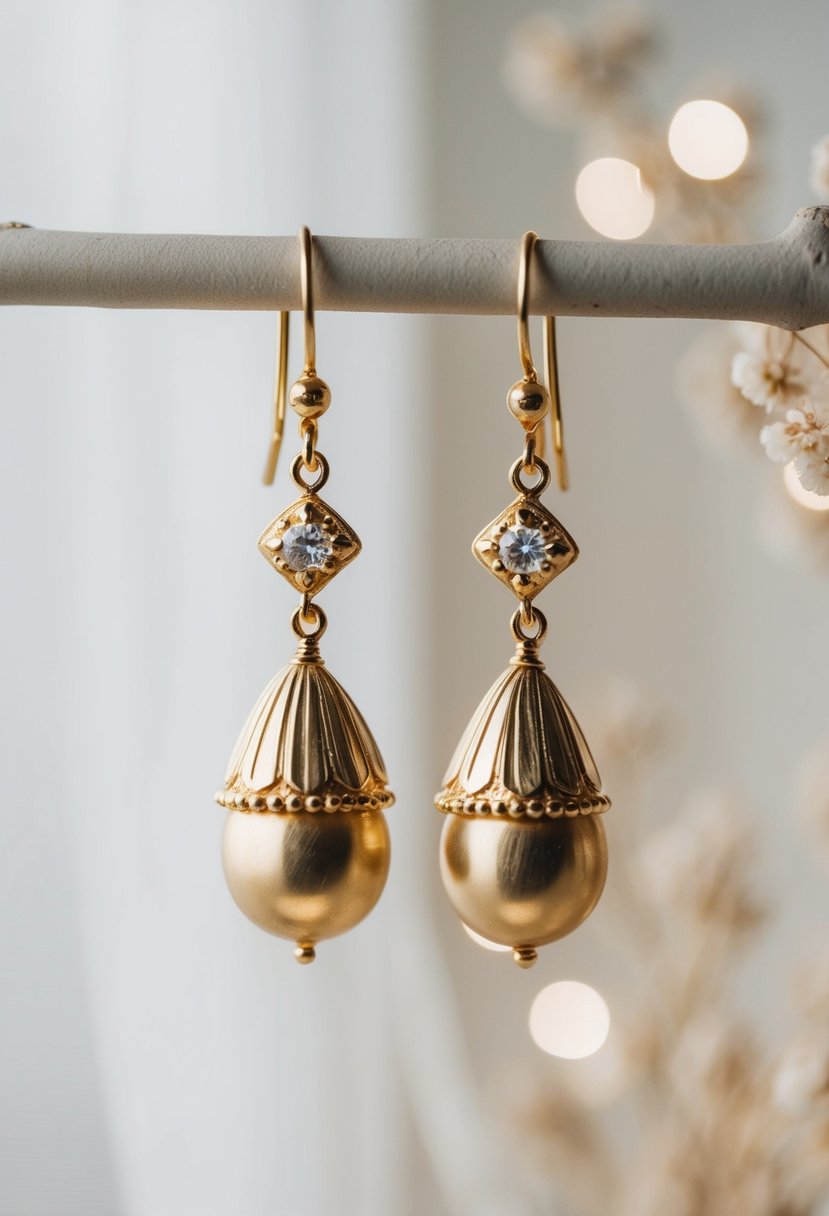 A pair of elegant, vintage-inspired gold dangle earrings hang delicately against a soft, romantic backdrop, evoking a sense of timeless beauty and simplicity