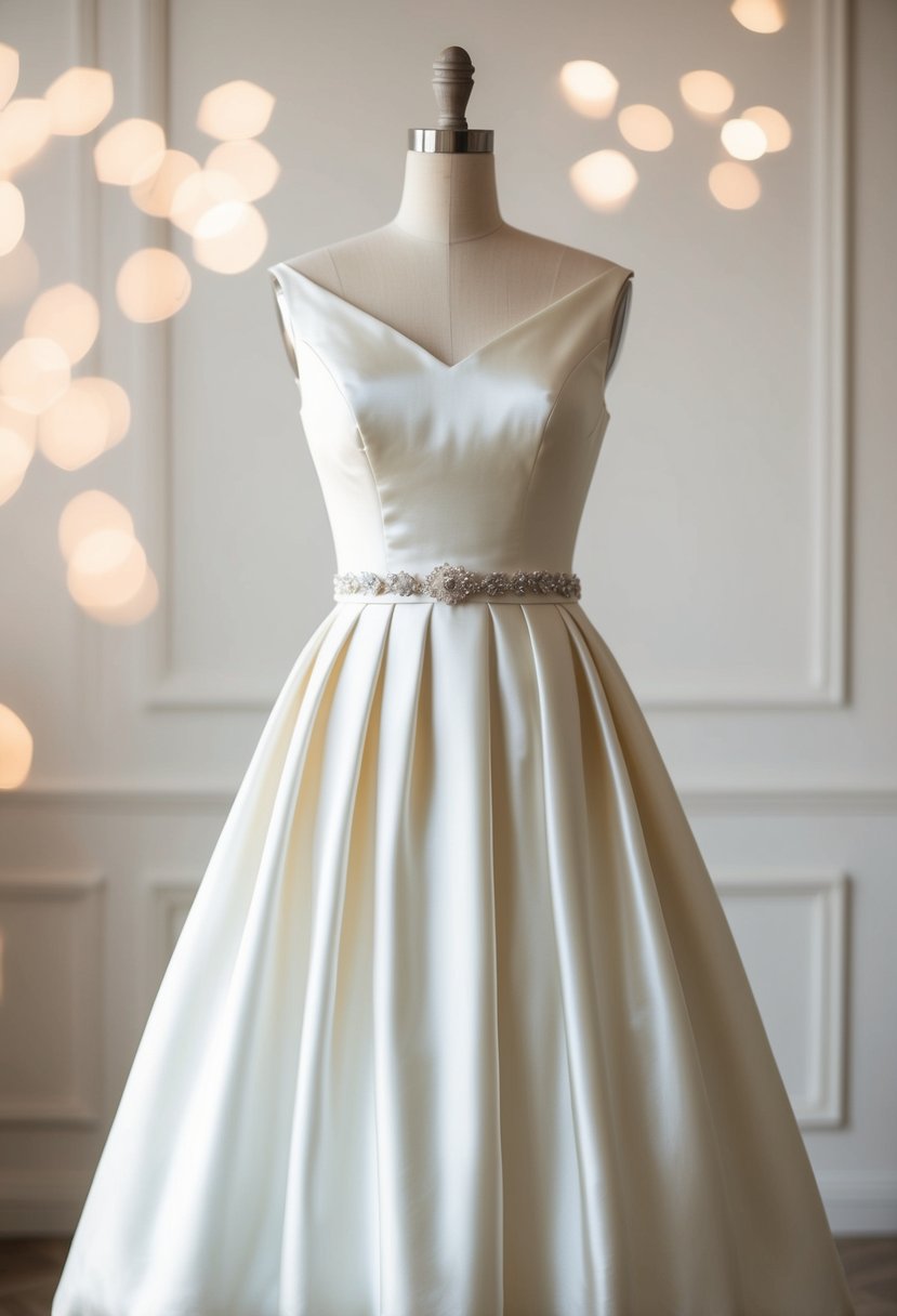 An elegant satin A-line wedding dress with a pleated waist and belt, set against a soft, dreamy background