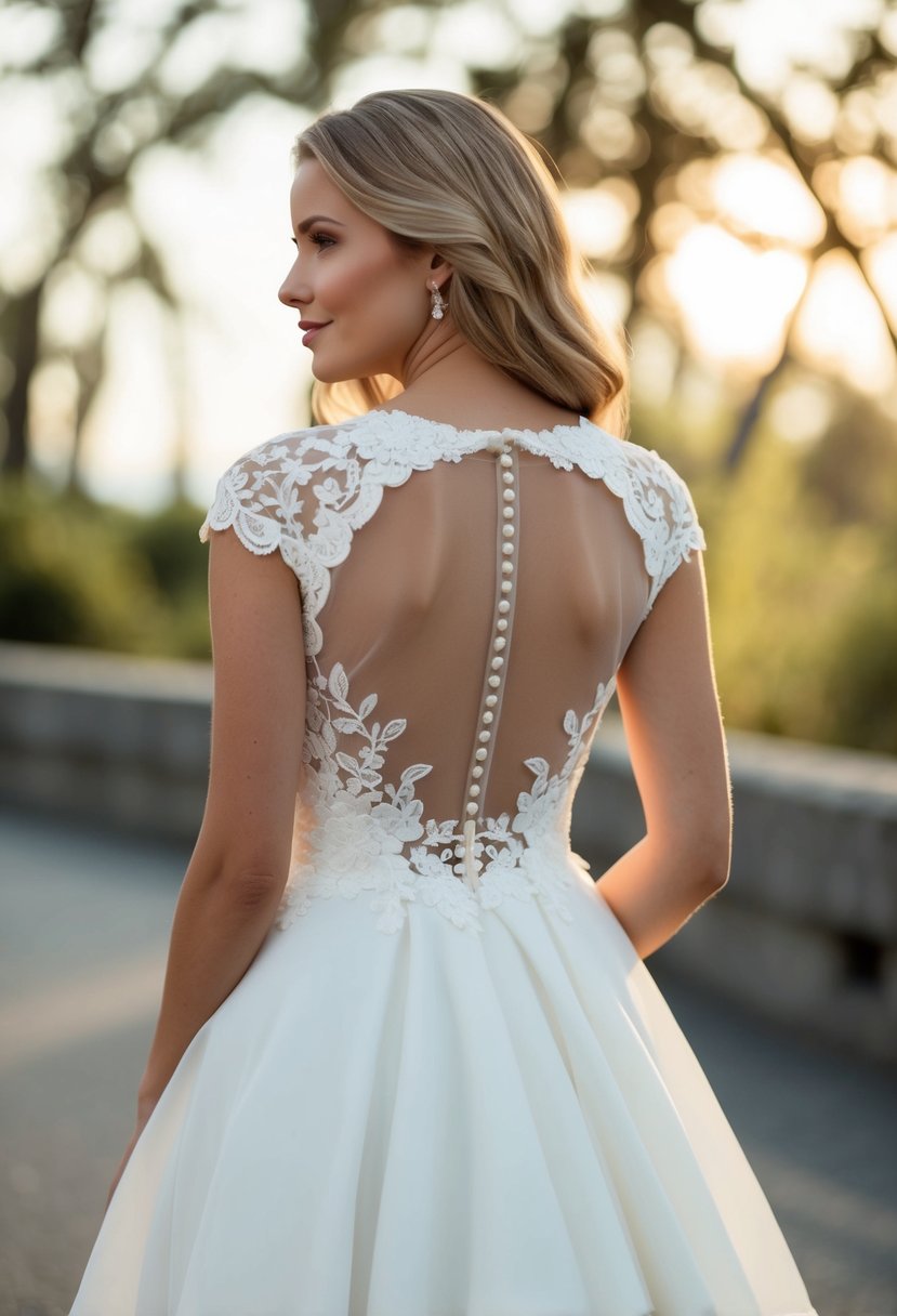 An A-line wedding dress with cap sleeves and a keyhole back, adorned with delicate lace and flowing fabric