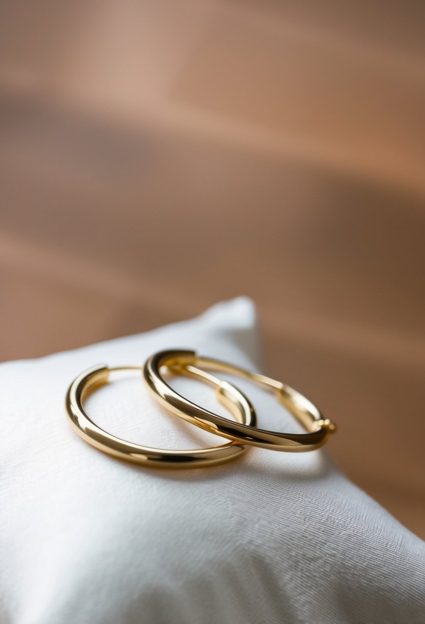 A pair of minimalist gold hoops resting on a white silk cushion