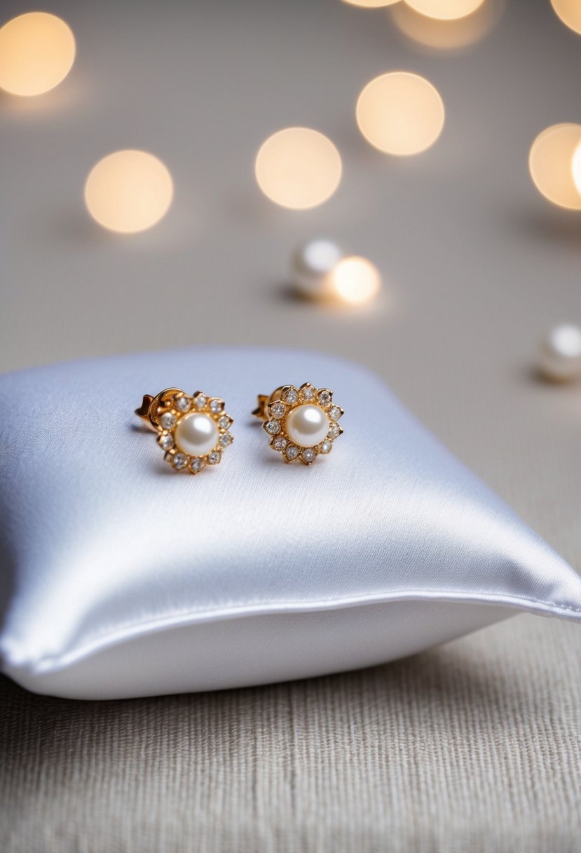 Two delicate gold earrings with pearl accents on a white satin pillow