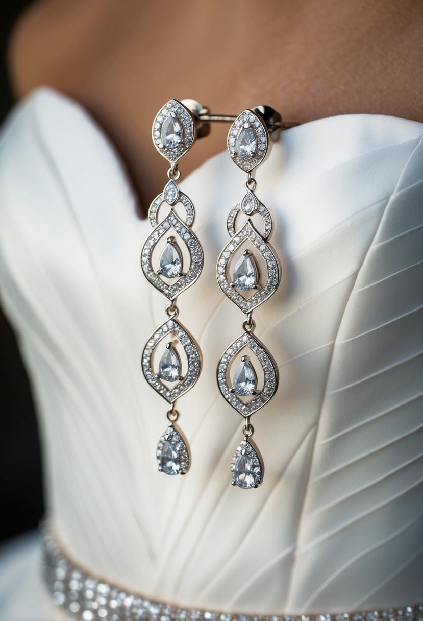 A pair of elegant, dangling earrings featuring intricate designs and sparkling gemstones, complementing a beautiful strapless wedding dress