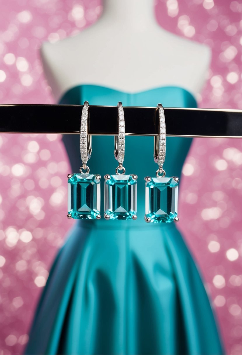 A pair of emerald cut solitaire earrings hanging from a jewelry stand, with a strapless dress in the background