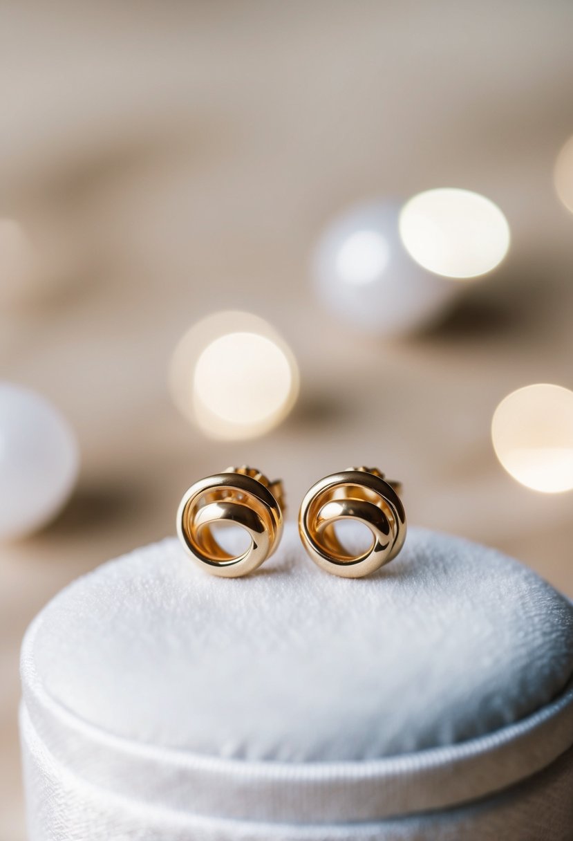 Two delicate gold earrings on a white velvet cushion