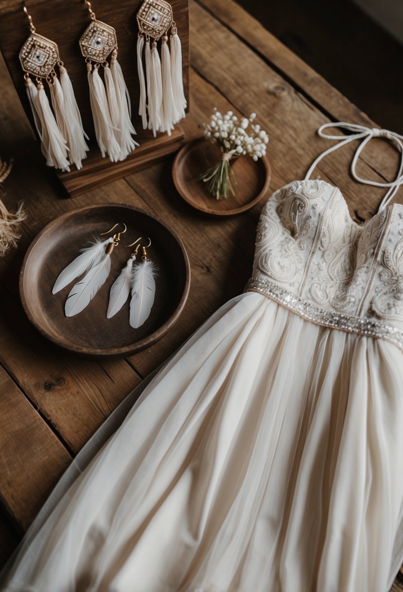 A bohemian-inspired scene with tassel and feather earrings displayed on a rustic wooden table, alongside a flowing strapless wedding dress