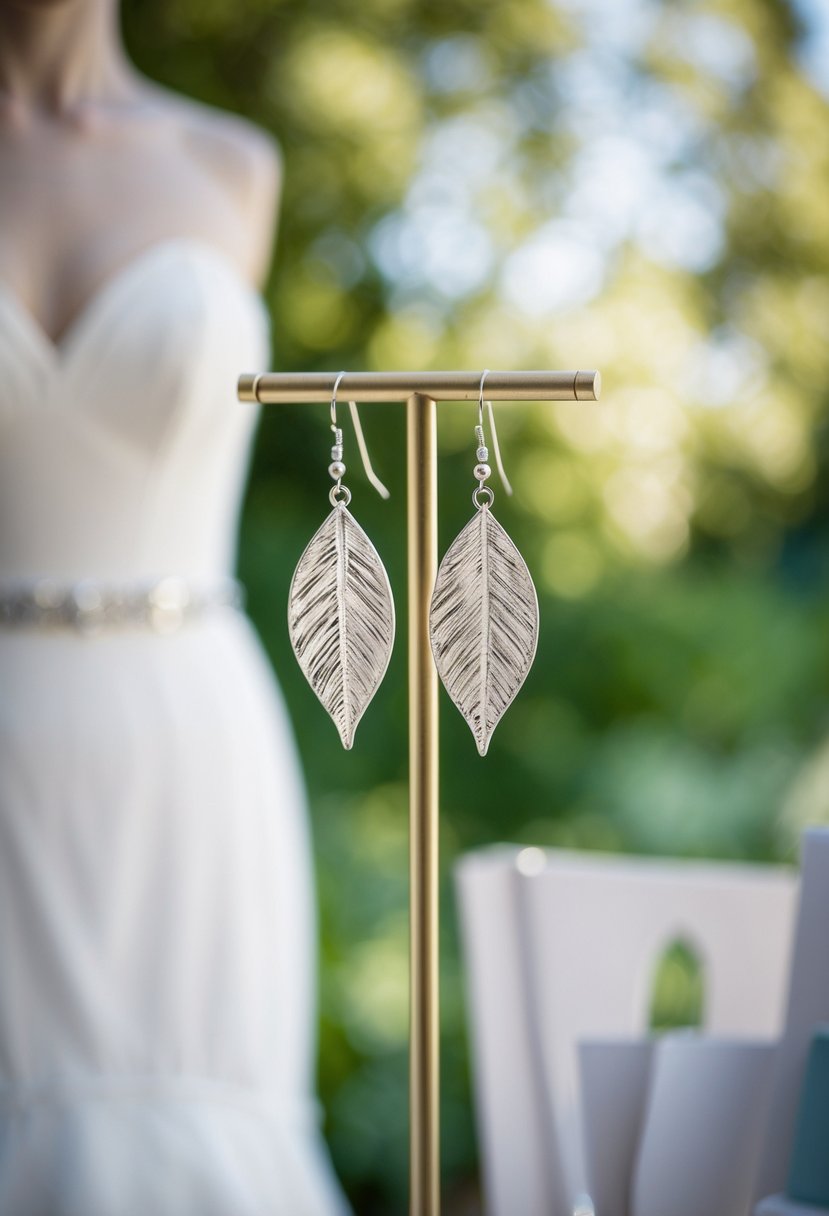 A pair of delicate leaf dangle earrings hanging from a jewelry stand, with a strapless wedding dress in the background