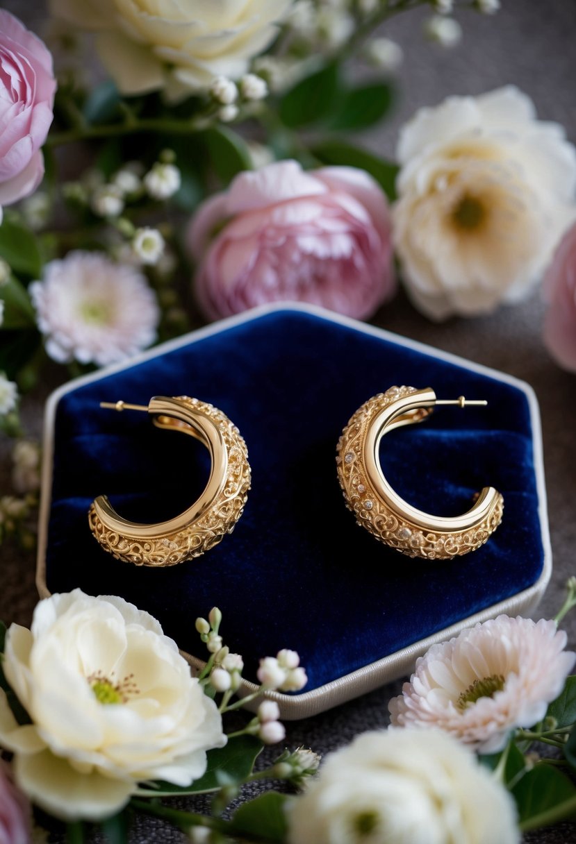 Two elegant gold ear cuffs displayed on a velvet cushion, surrounded by delicate floral arrangements