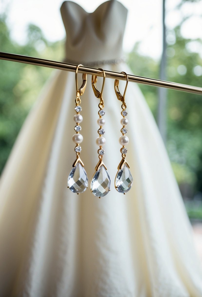 Crystal and pearl drop earrings dangle from a delicate stand, set against a backdrop of a flowing strapless wedding dress