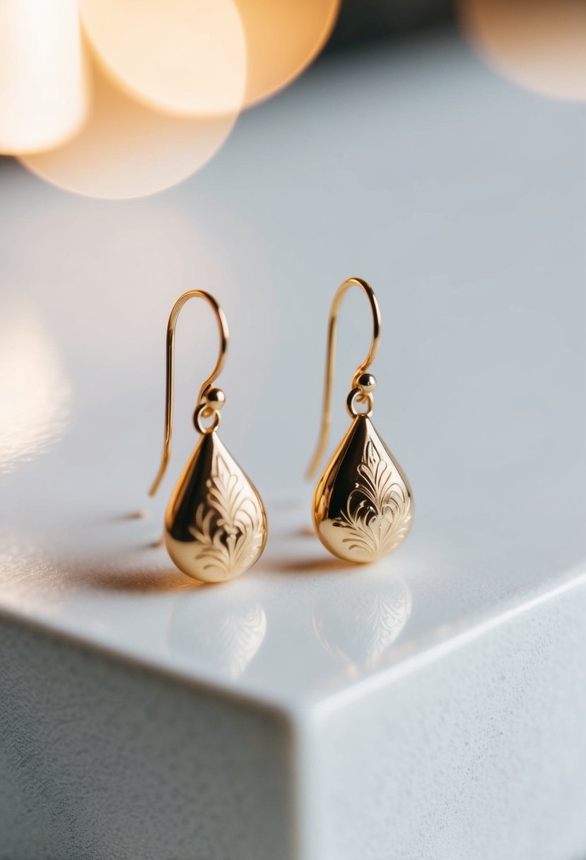 Two delicate gold drop earrings, each engraved with a unique design, sit side by side on a clean, white surface, catching the light and casting a soft glow