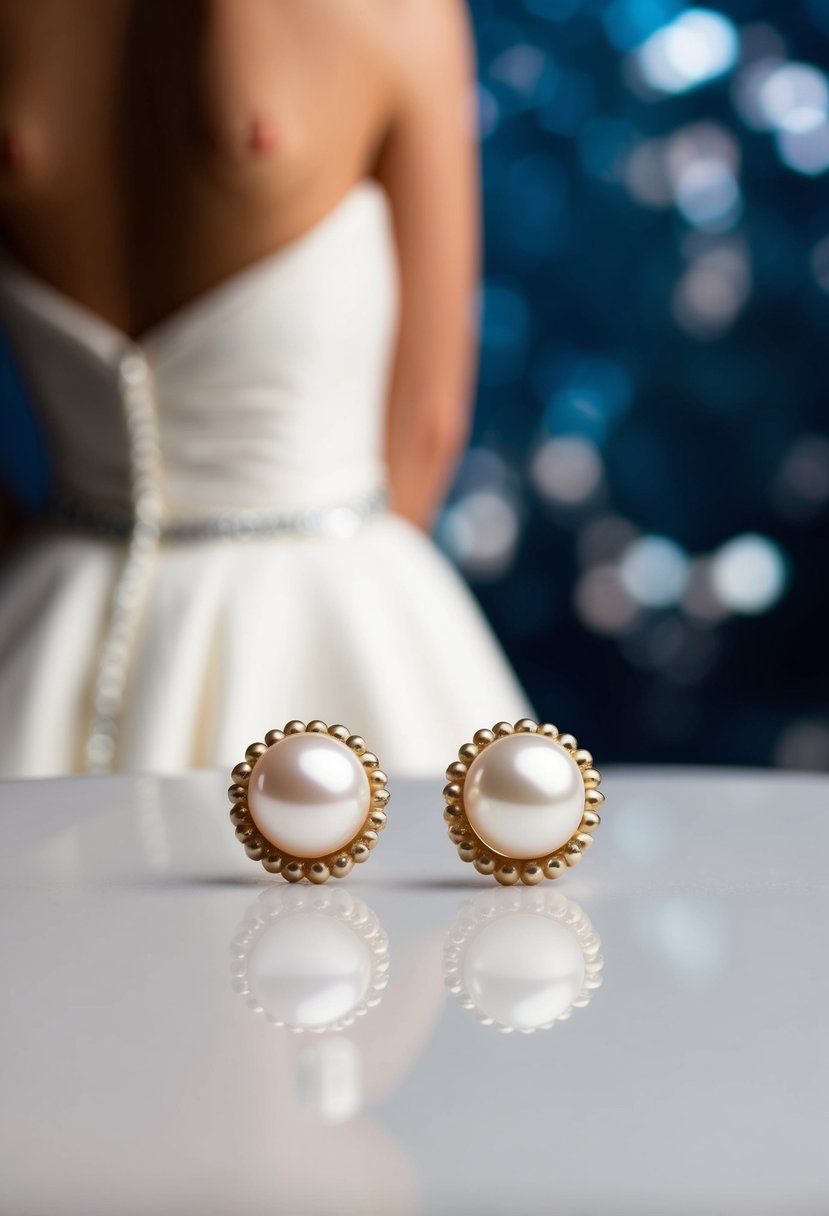 A close-up of a pair of classic pearl studs against a backdrop of a strapless wedding dress