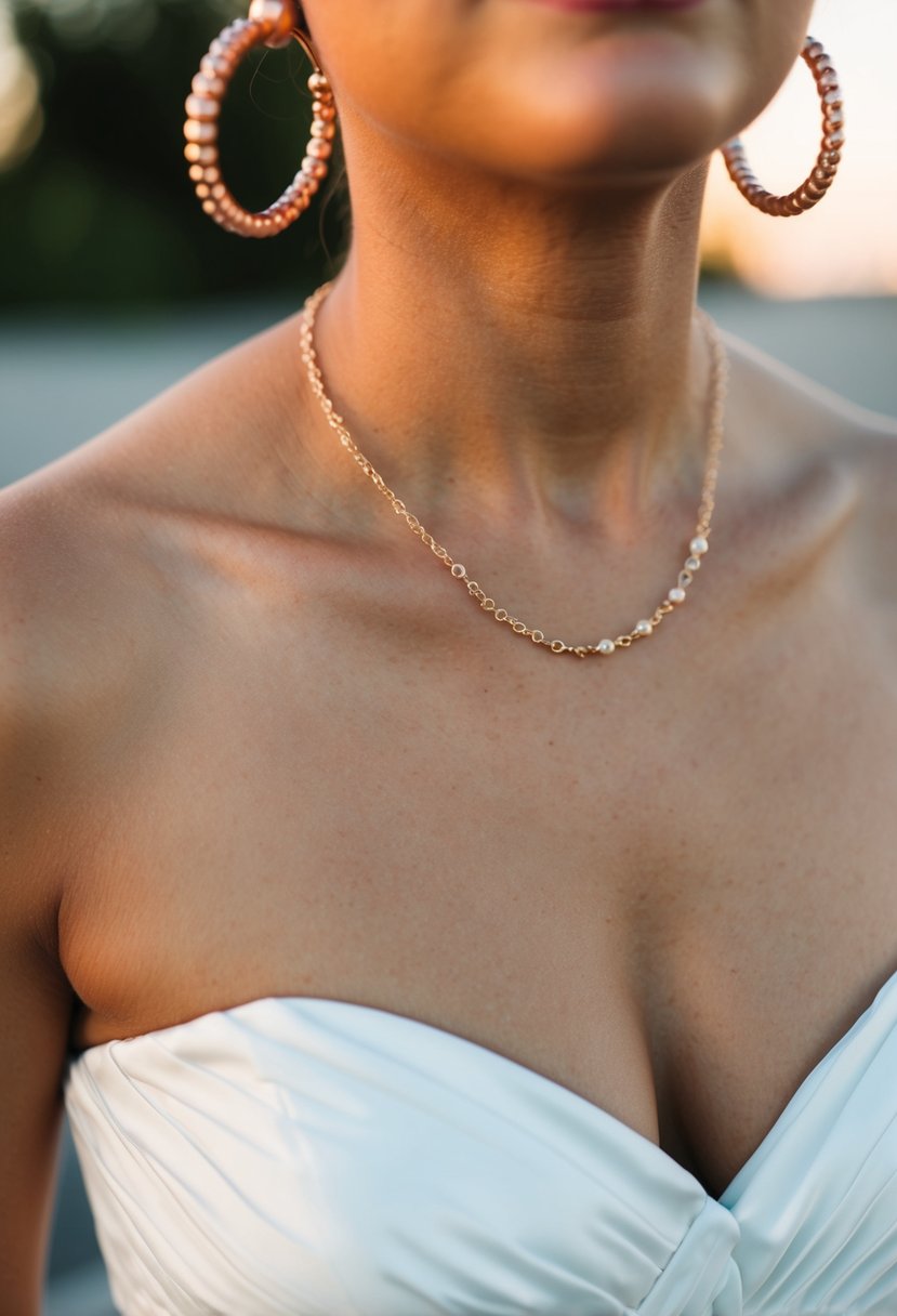 A bride wearing a strapless dress, with rose gold hoop earrings reflecting the soft light of a sunset