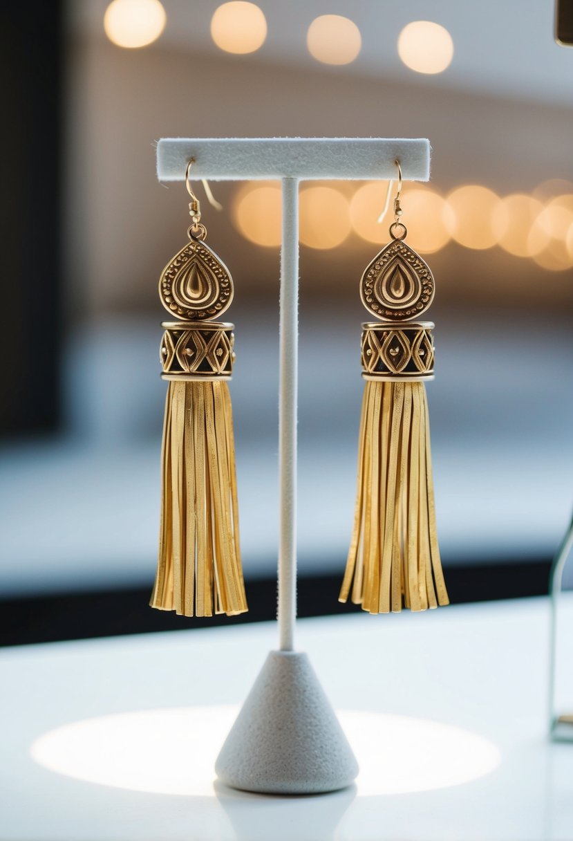 A pair of Bohemian gold tassel earrings hanging from a simple display stand, with soft lighting highlighting their intricate design