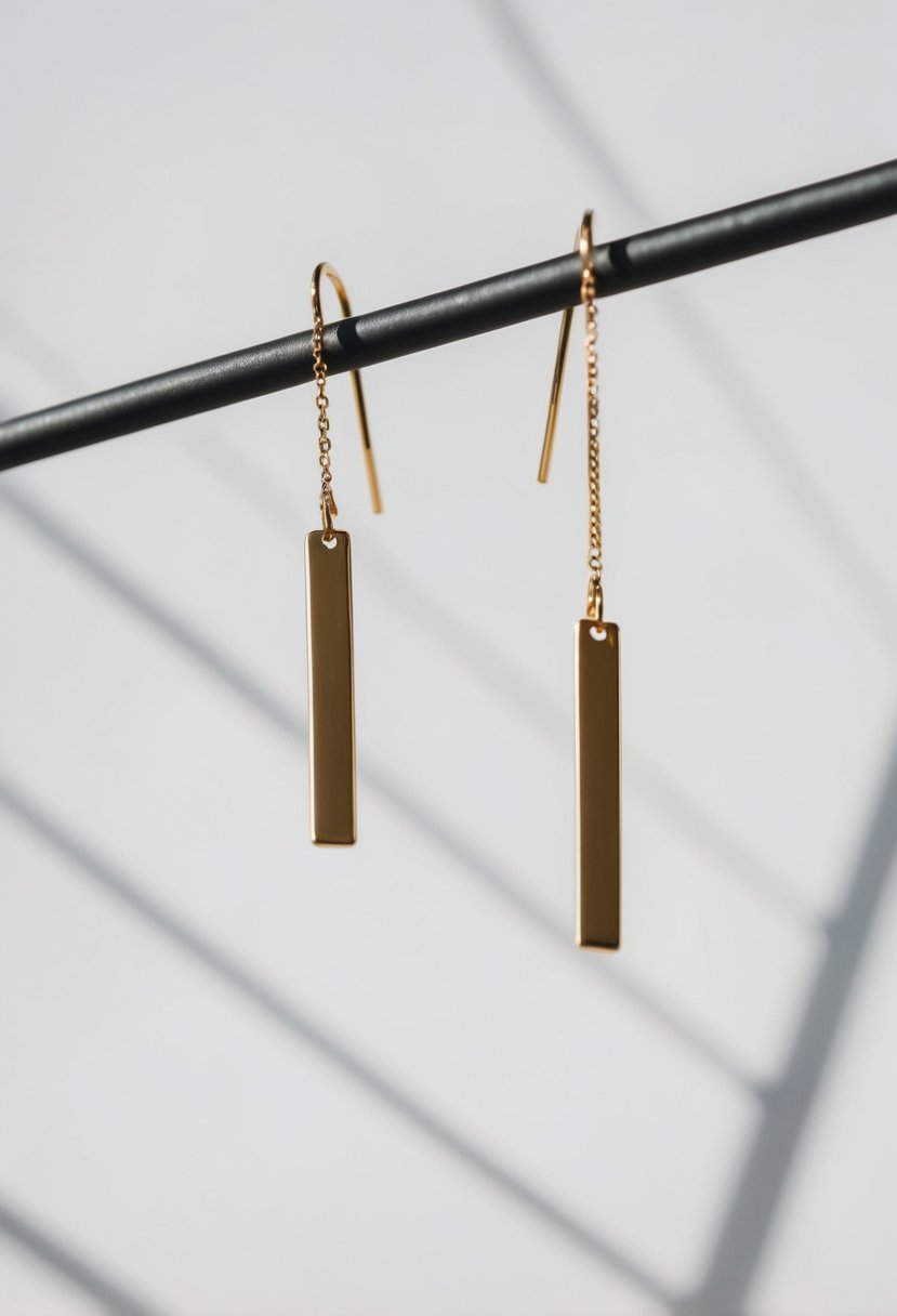 Two gold bar drop earrings suspended in mid-air, casting a soft shadow on a simple white background