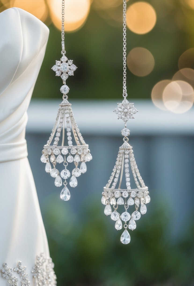 A sparkling pair of vintage-inspired chandelier earrings hanging elegantly against a backdrop of a strapless wedding dress