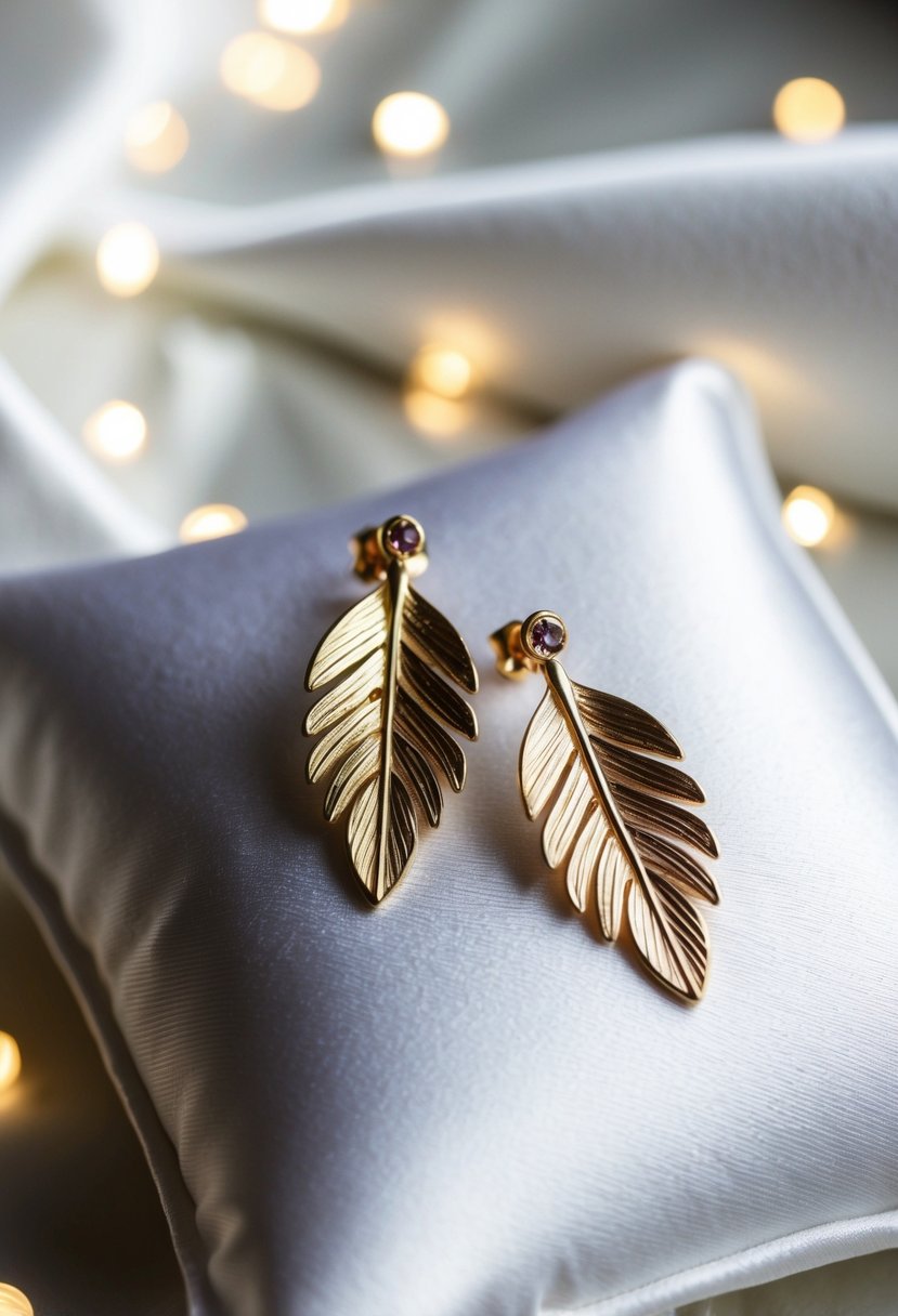 A pair of delicate gold leaf-shaped earrings resting on a white satin pillow with soft lighting highlighting their intricate design