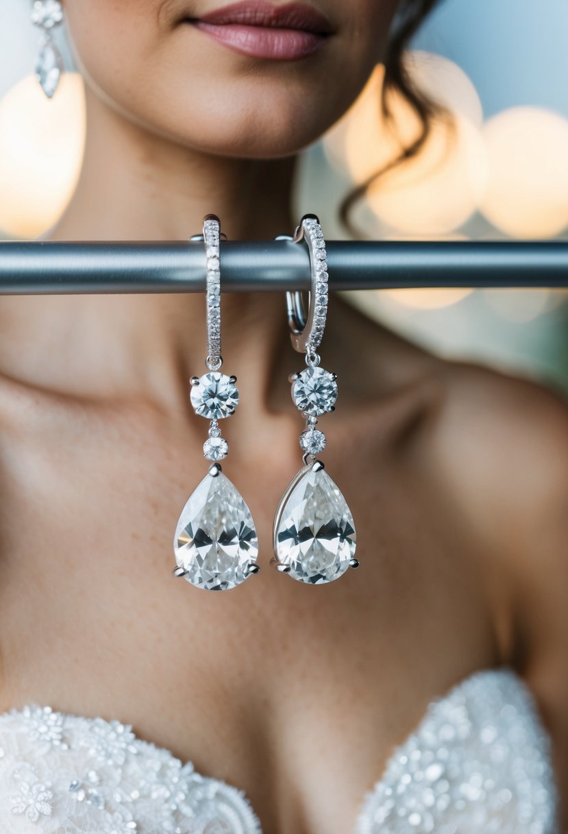 A close-up of diamond teardrop earrings against a backdrop of a strapless wedding dress