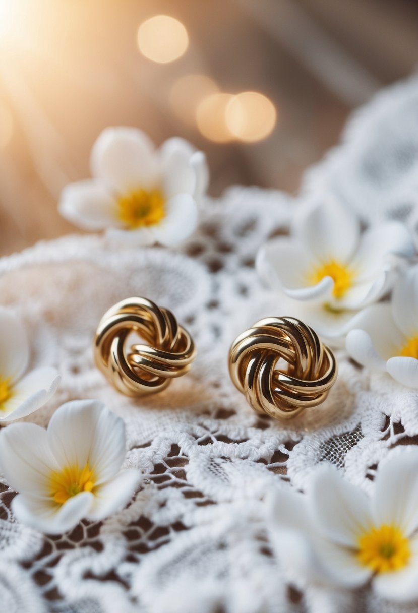 Two gold knot stud earrings resting on a white lace fabric, surrounded by delicate flower petals and a soft, warm light shining from above