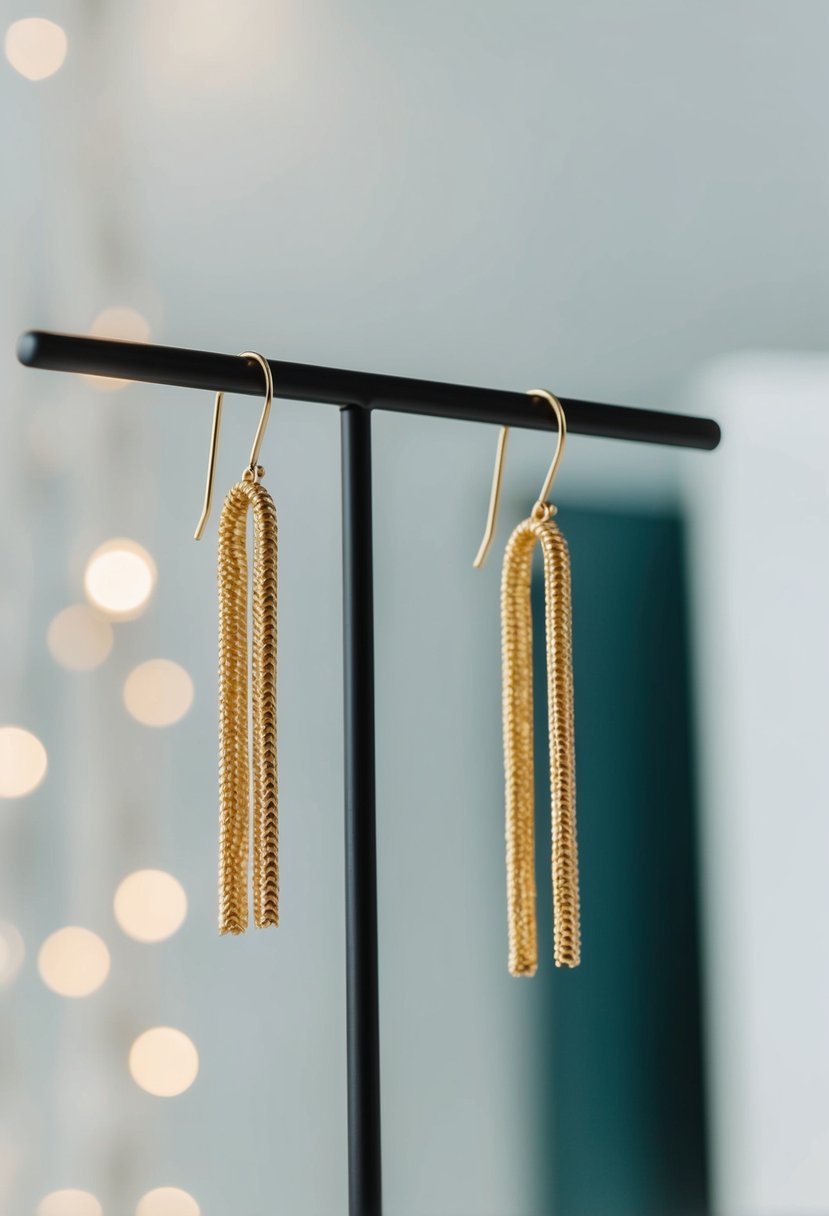 A pair of modern gold threader earrings hanging from a minimalist display, with soft lighting to highlight their elegant simplicity