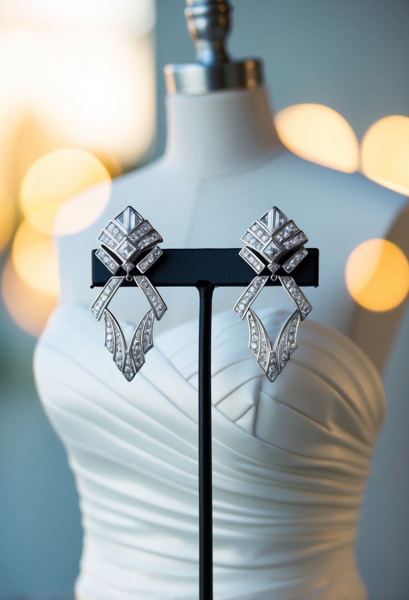 An elegant pair of Art Deco style wedding earrings displayed against a backdrop of a sleek, strapless dress