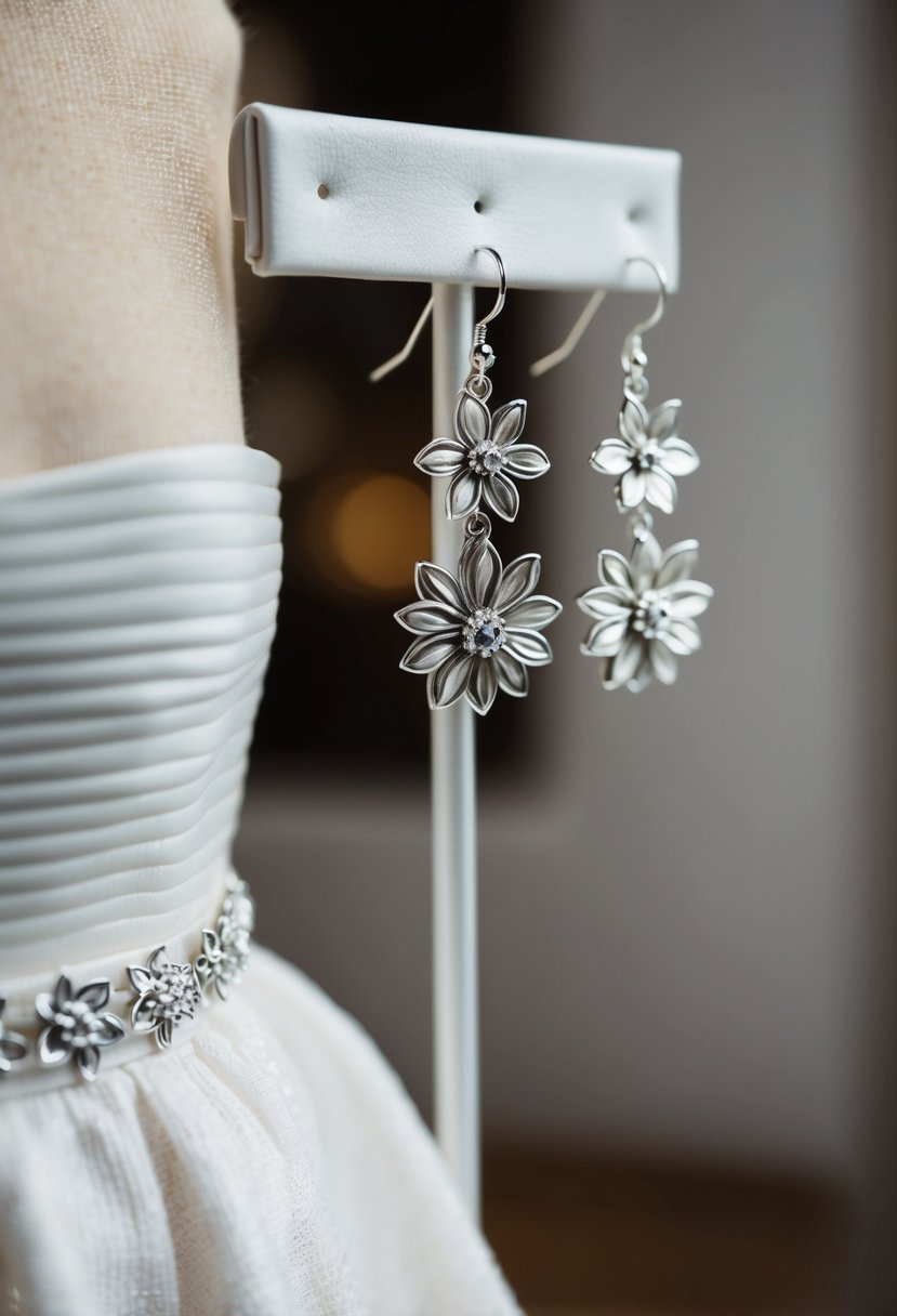 Silver floral drop earrings against a strapless dress on a jewelry stand