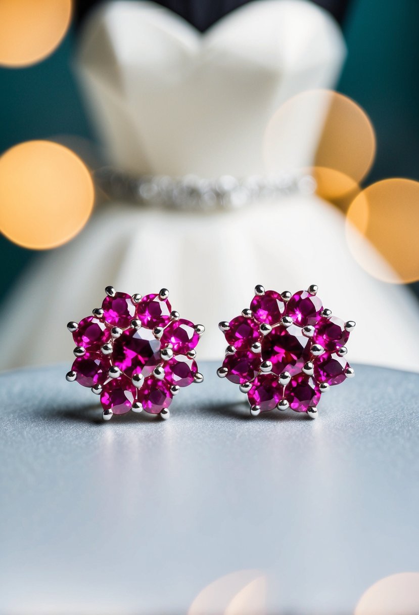 A pair of vibrant gemstone cluster earrings, sparkling against a backdrop of a strapless wedding dress