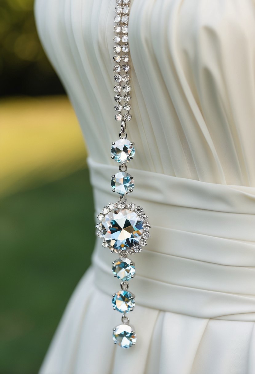 Swarovski crystal dangles sparkle against a backdrop of a flowing strapless wedding dress