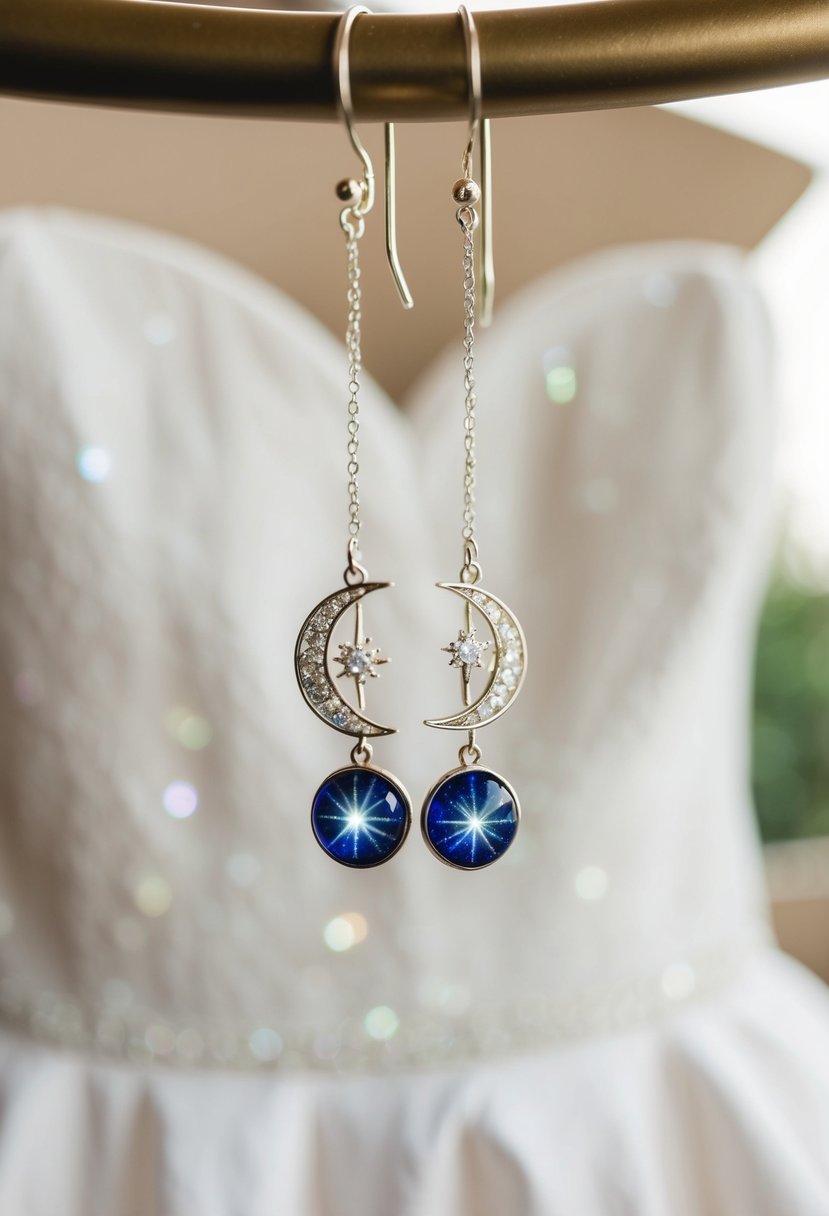 A pair of celestial-themed earrings hanging delicately against a backdrop of a strapless wedding dress