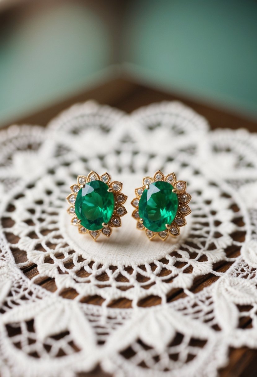 A pair of delicate green wedding earrings displayed on a vintage lace doily