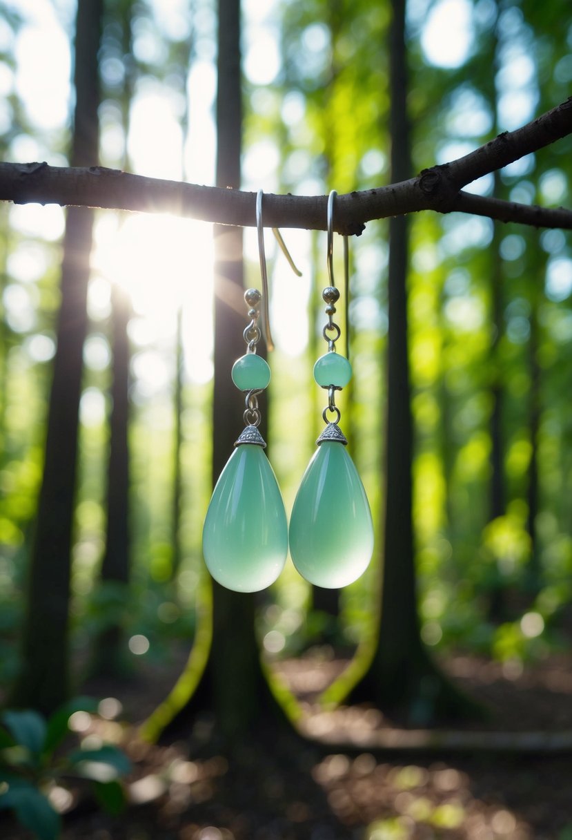 A serene forest clearing with sunlight filtering through the canopy, showcasing a pair of elegant jade drop earrings hanging from a delicate branch