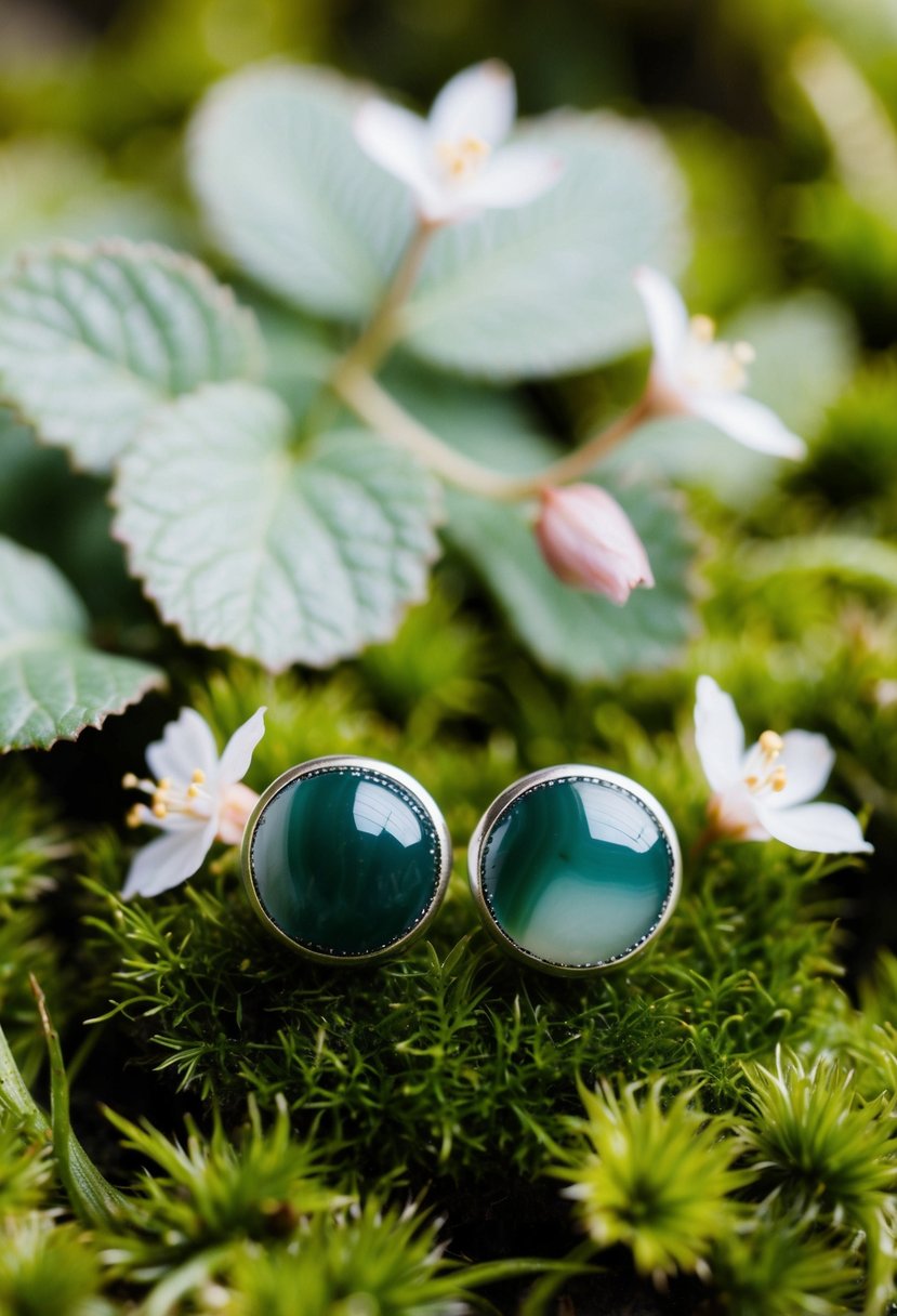 A pair of Moss Agate stud earrings nestled in a bed of green moss, surrounded by delicate leaves and flowers