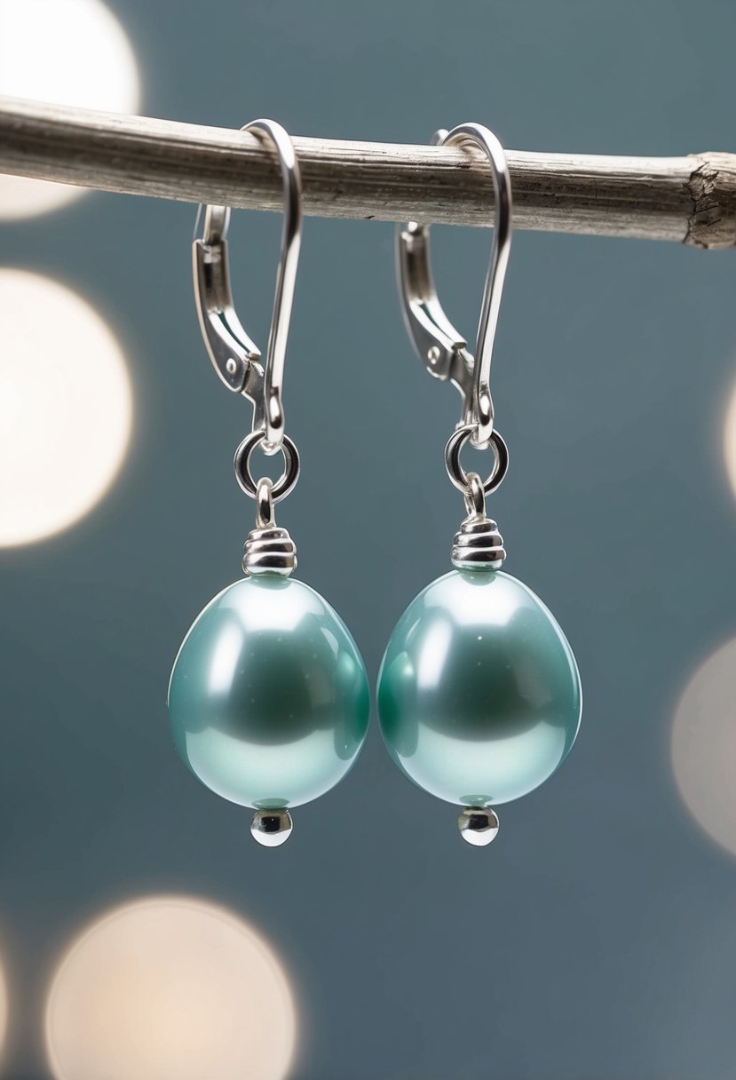 Two delicate sage green pearl dangles hang from a silver earring hook, catching the light and casting a subtle, elegant glow