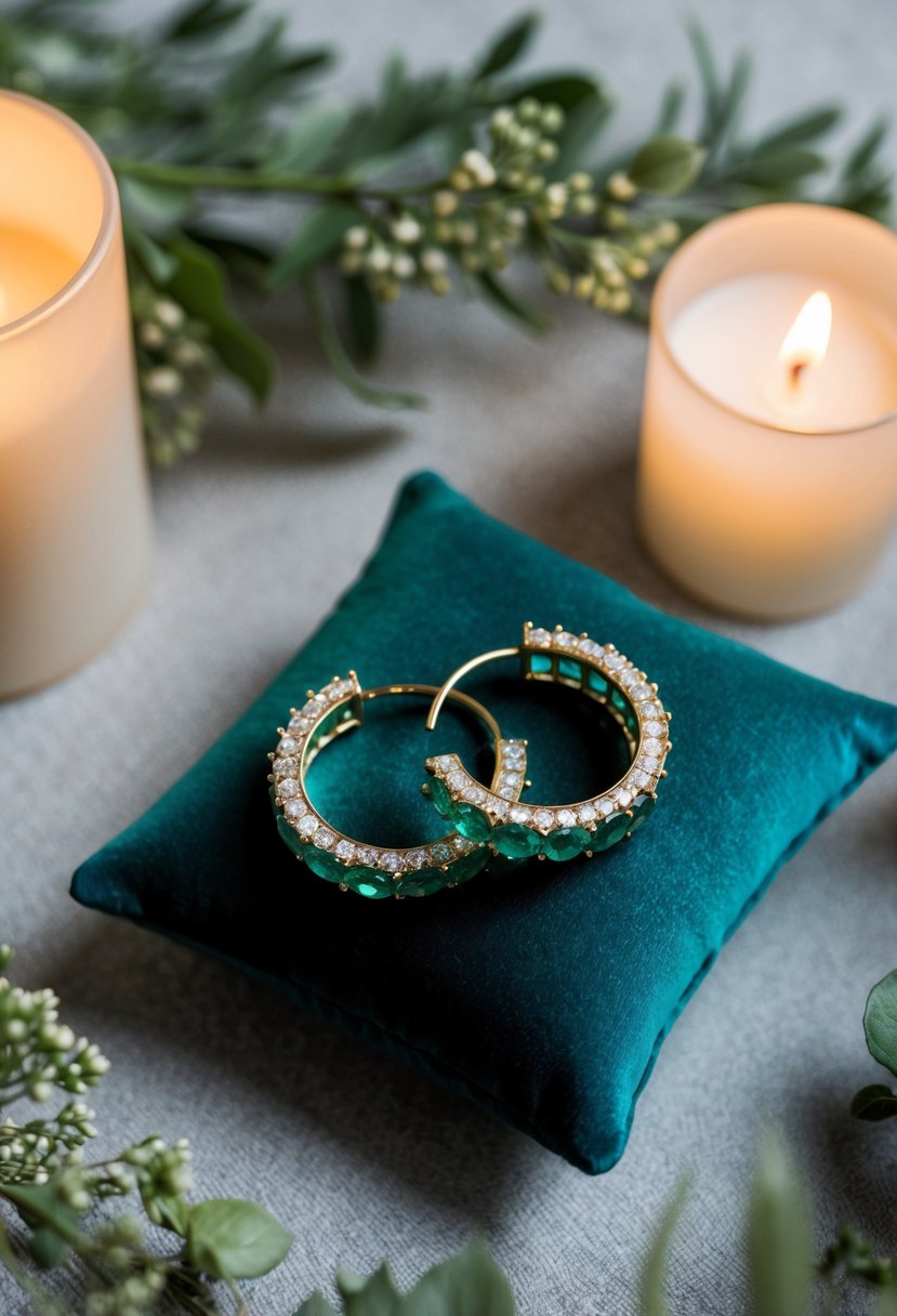 A pair of emerald and cubic zirconia hoops glisten on a velvet cushion, surrounded by delicate greenery and soft candlelight