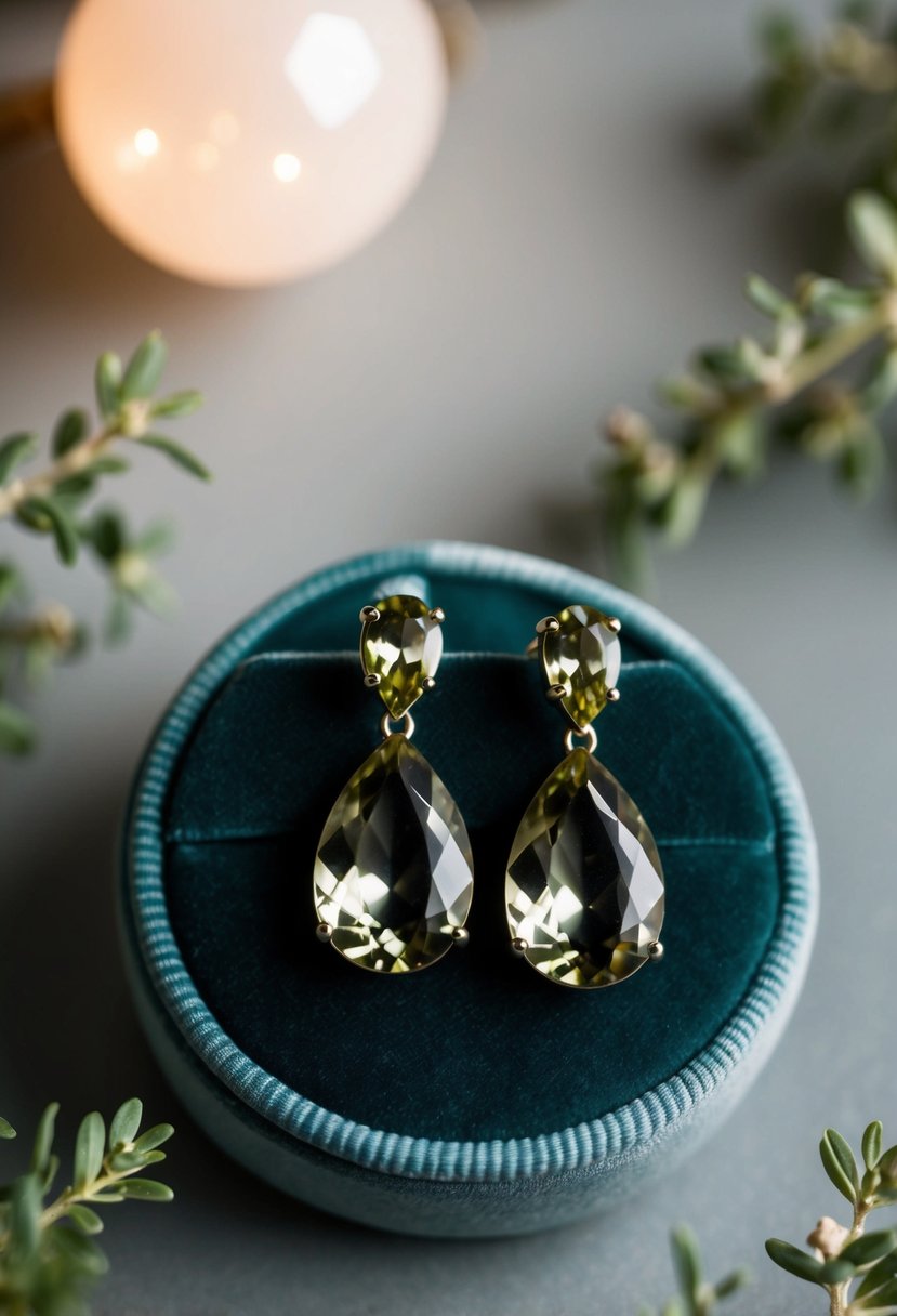 A pair of olive quartz teardrop earrings displayed on a velvet cushion, surrounded by delicate greenery and soft lighting