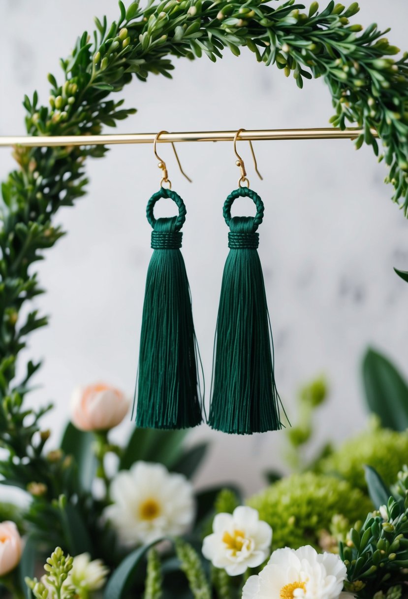 A pair of forest green tassel earrings hanging from a delicate display, surrounded by lush greenery and flowers