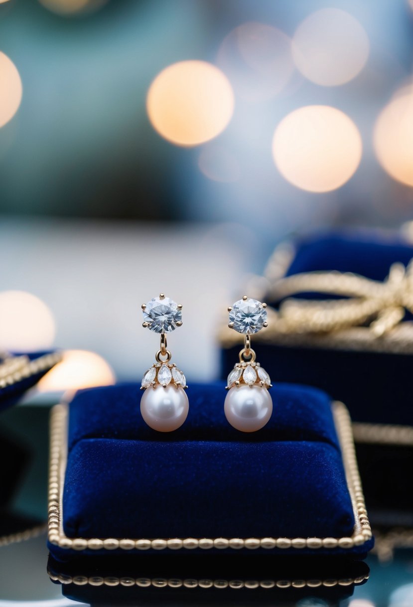 A pair of elegant, vintage-inspired pearl and diamond earrings displayed on a velvet cushion