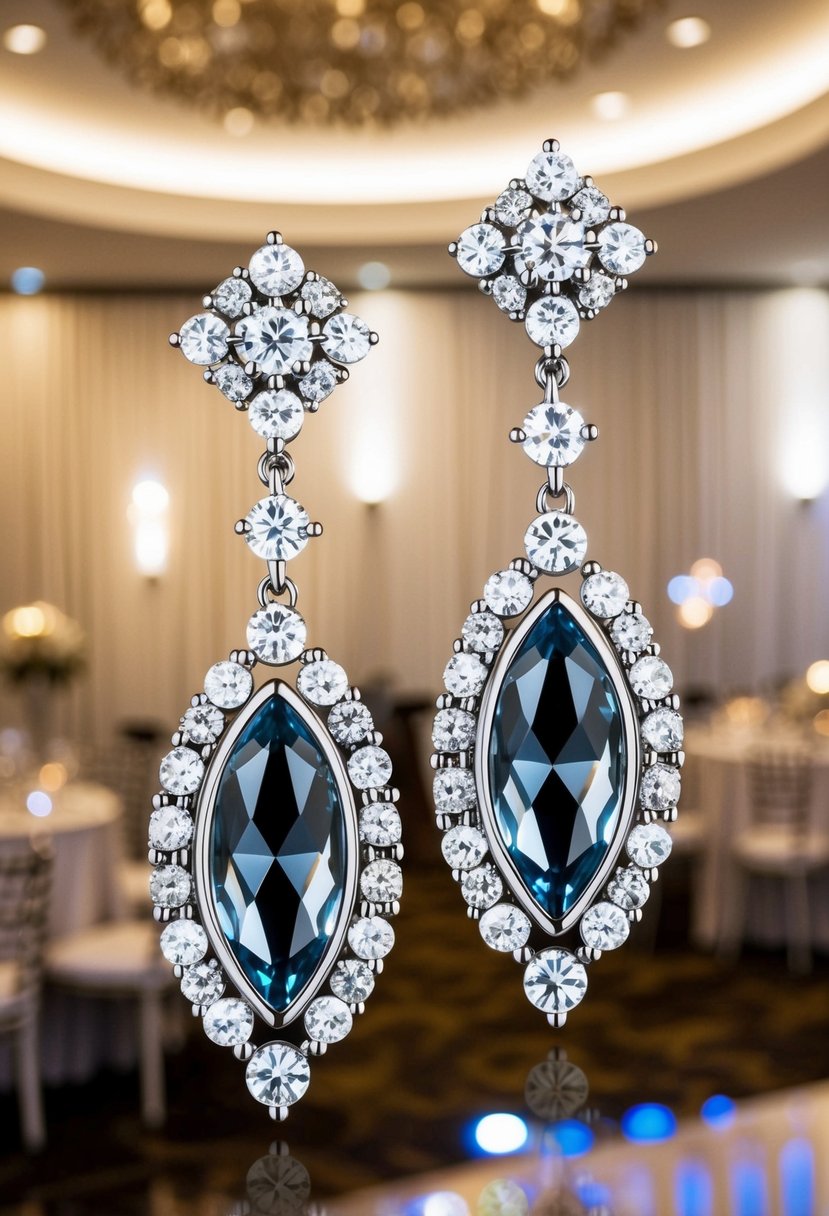 A pair of elegant Art Deco drop earrings featuring sparkling crystal accents, set against a backdrop of a luxurious wedding venue