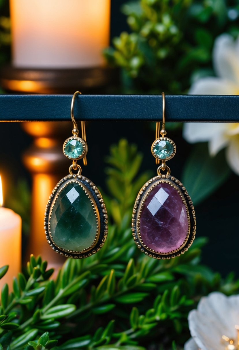 Two earthy gemstone ear jackets dangle from a display, surrounded by lush greenery and soft candlelight