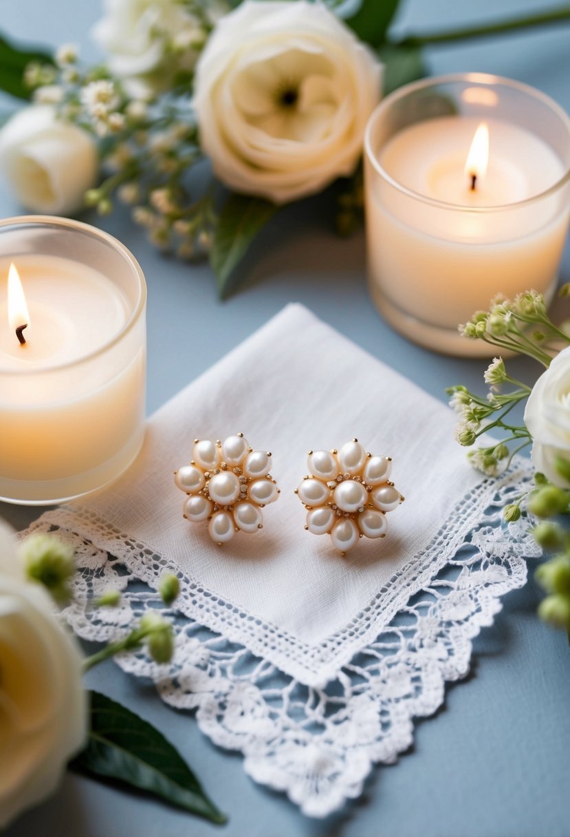 A pair of pearl cluster studs placed on a delicate lace handkerchief, surrounded by soft candlelight and fresh floral arrangements