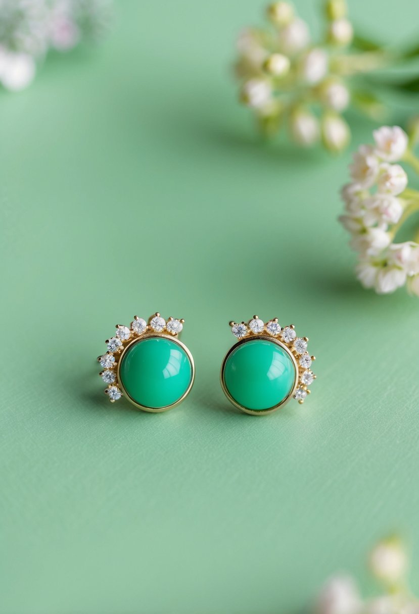 A close-up of chrysoprase statement studs against a soft green background, with delicate floral accents for a wedding-inspired look