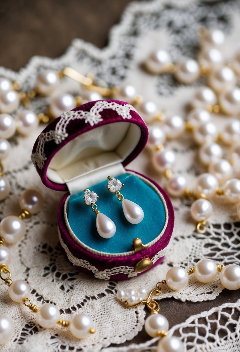 A delicate pair of teardrop earrings resting on a lace-trimmed velvet jewelry box, surrounded by antique lace and pearls