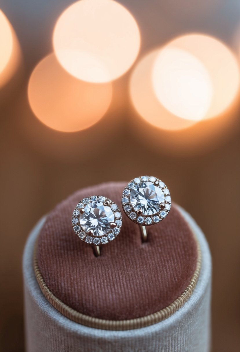 Two diamond halo studs displayed on a velvet cushion under soft, warm lighting