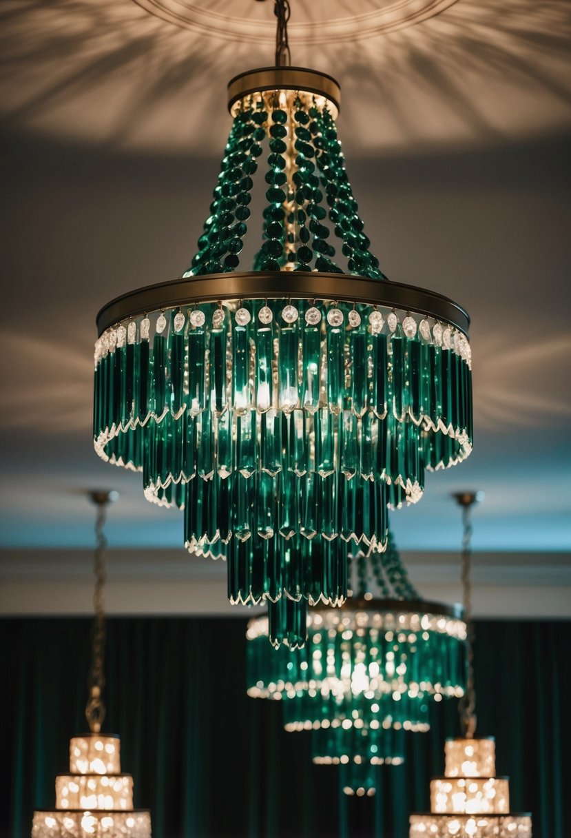 A dimly lit room with dark green crystal chandeliers hanging from the ceiling, casting an elegant and enchanting glow