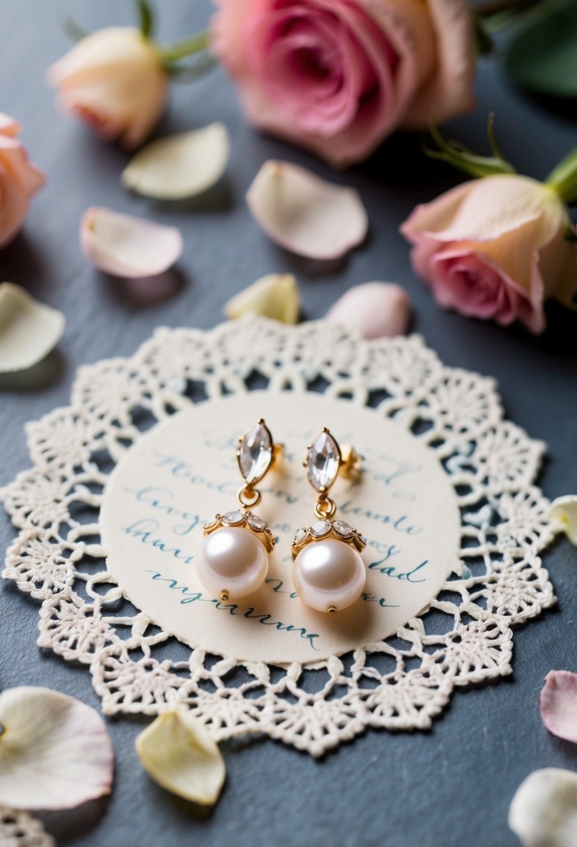 A delicate pair of pearl and crystal earrings displayed on a vintage lace doily, surrounded by scattered rose petals and a handwritten note