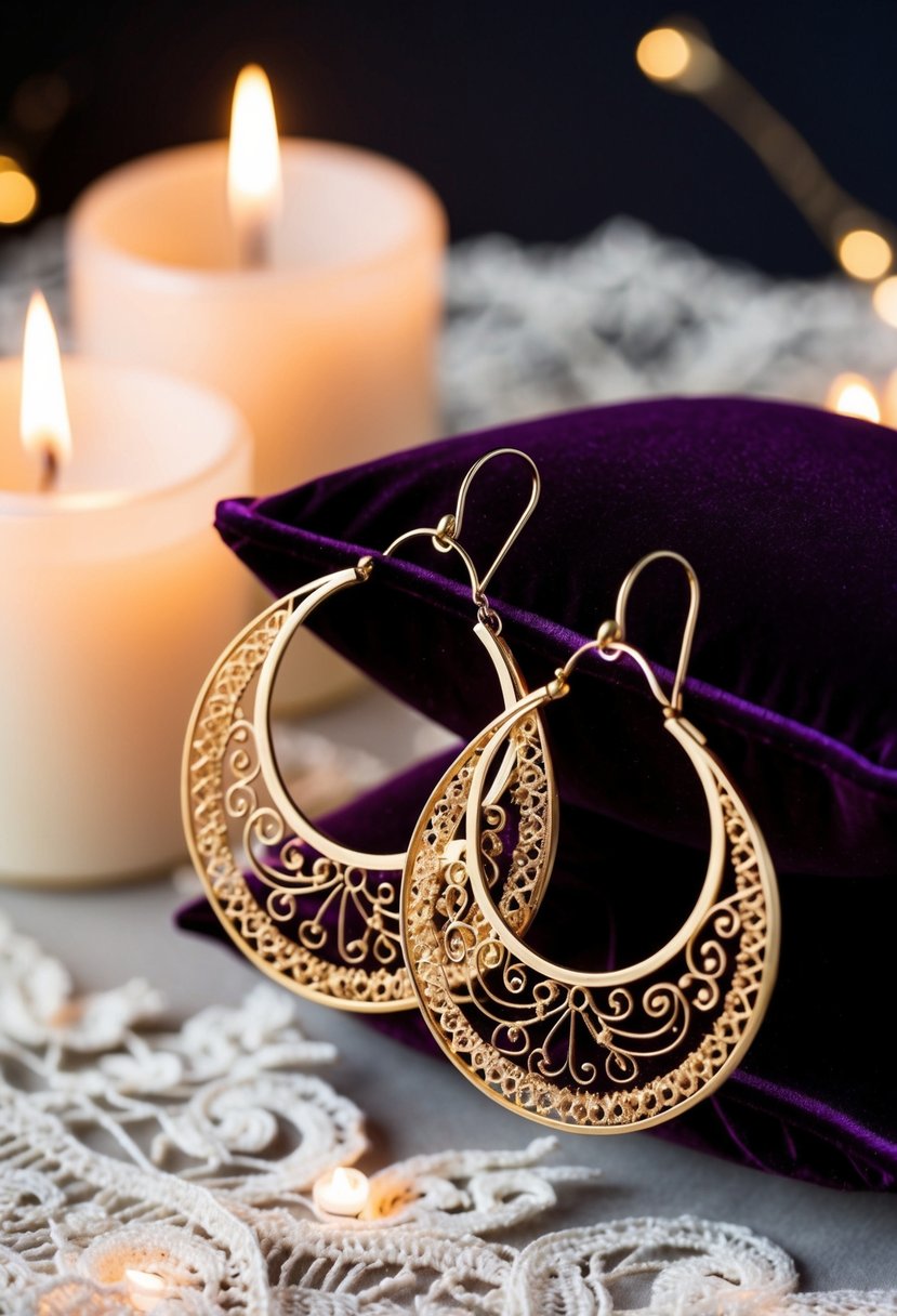 Two elegant gold filigree hoops dangle from a velvet cushion, surrounded by soft candlelight and delicate lace