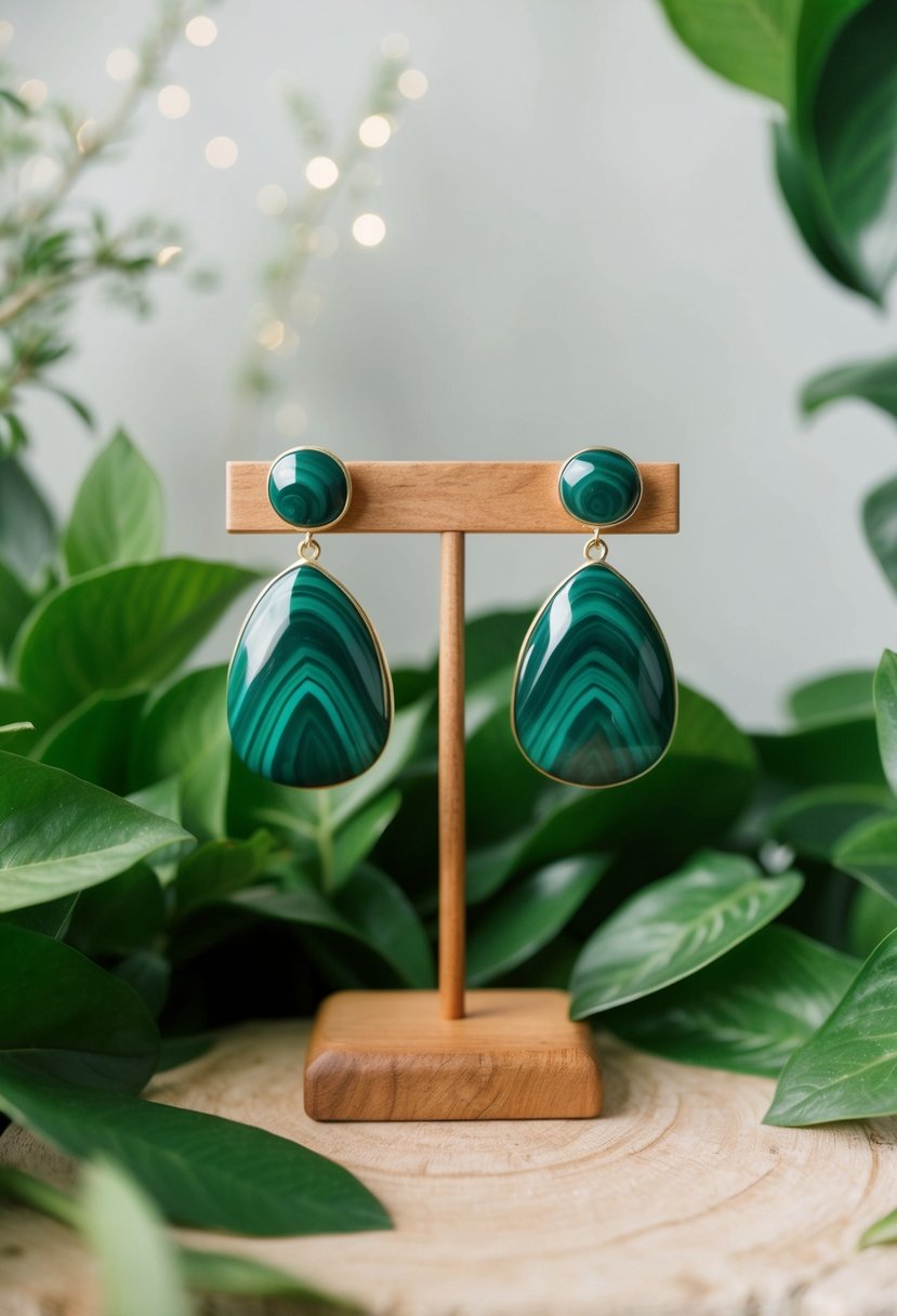 A pair of elegant malachite earrings displayed on a wooden jewelry stand, surrounded by lush green foliage and soft natural lighting