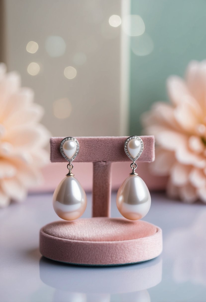 Two elegant drop pearl earrings displayed on a velvet cushion against a soft, pastel background