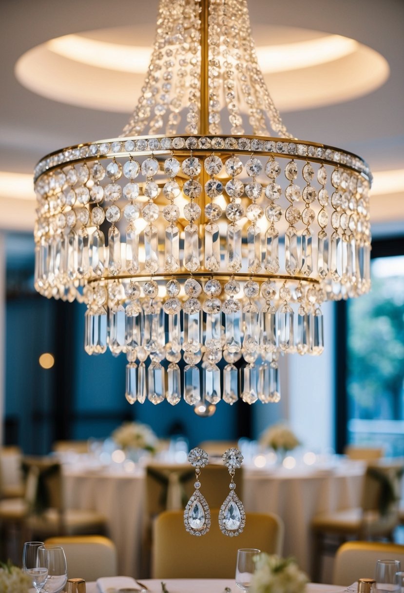 A sparkling Swarovski crystal chandelier hangs above a table adorned with timeless wedding earrings