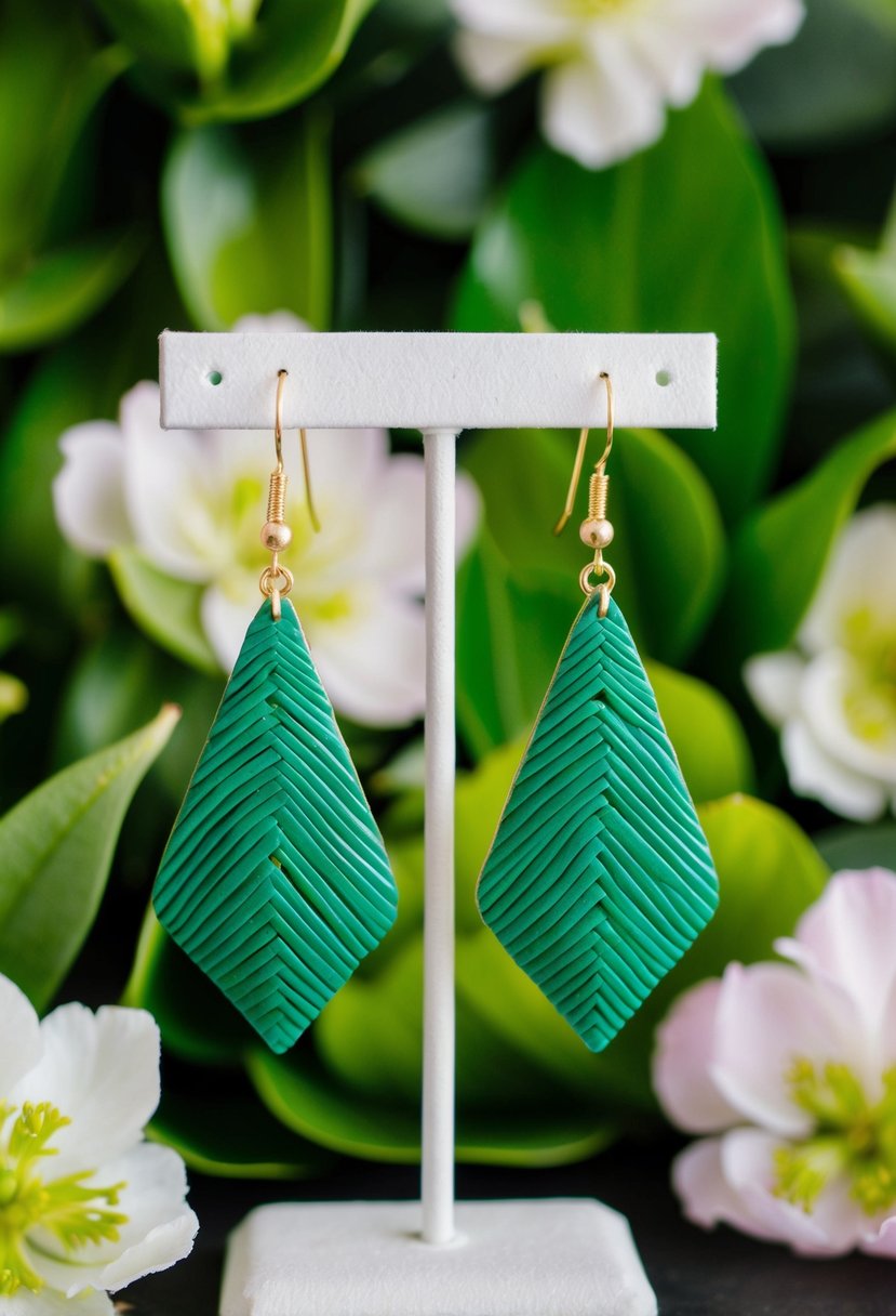 A pair of verdant green chevron drop earrings hanging on a display stand, surrounded by lush green foliage and delicate floral accents